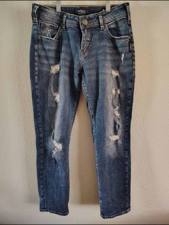 Silver Jeans Denim - Silver Jeans Distressed Medium Blue Boyfriend Jeans
